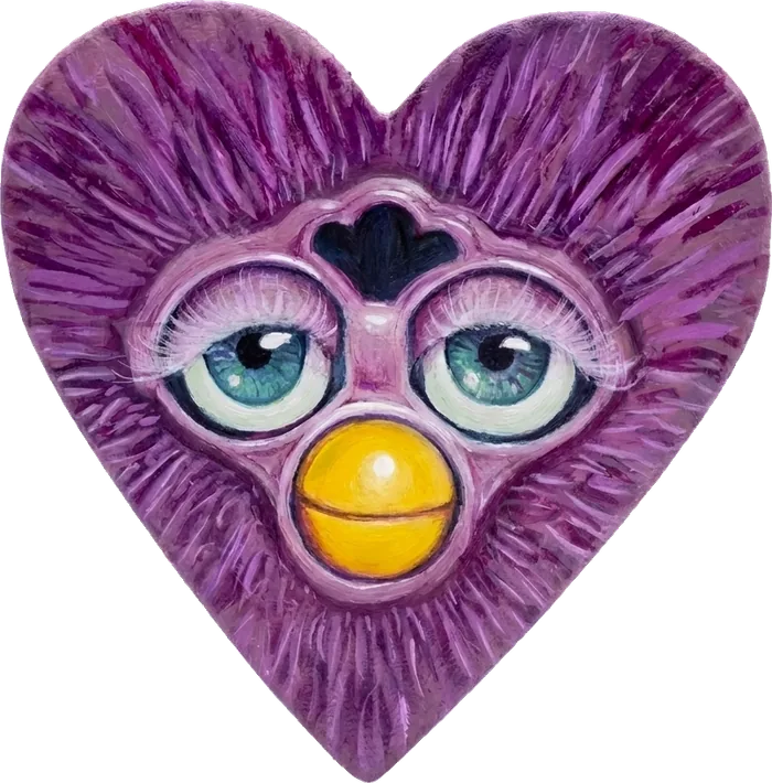 A Furby painted on a carved wooden heart, purple fur, teal eyes and a yellow beak