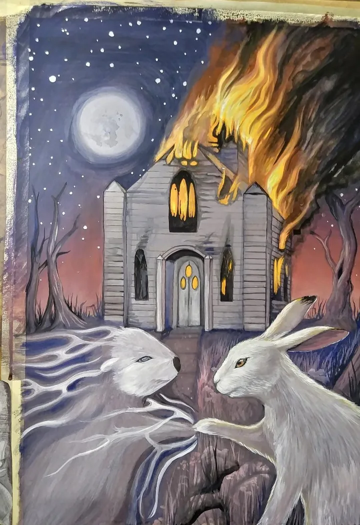 Two white hares facing each other in the snow in front of a clapboard church, its roof on fire under a full moon