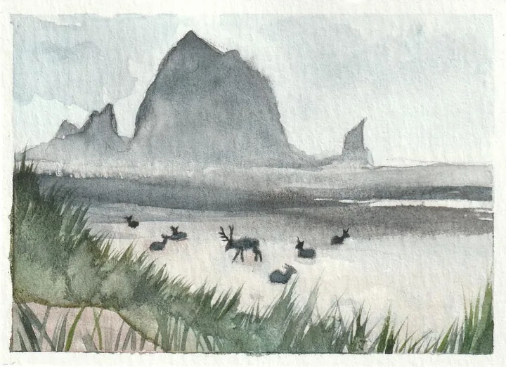 Watercolour of a headland rock in sea mist, with elk grazing on the wet sand and beach grass in the foreground
