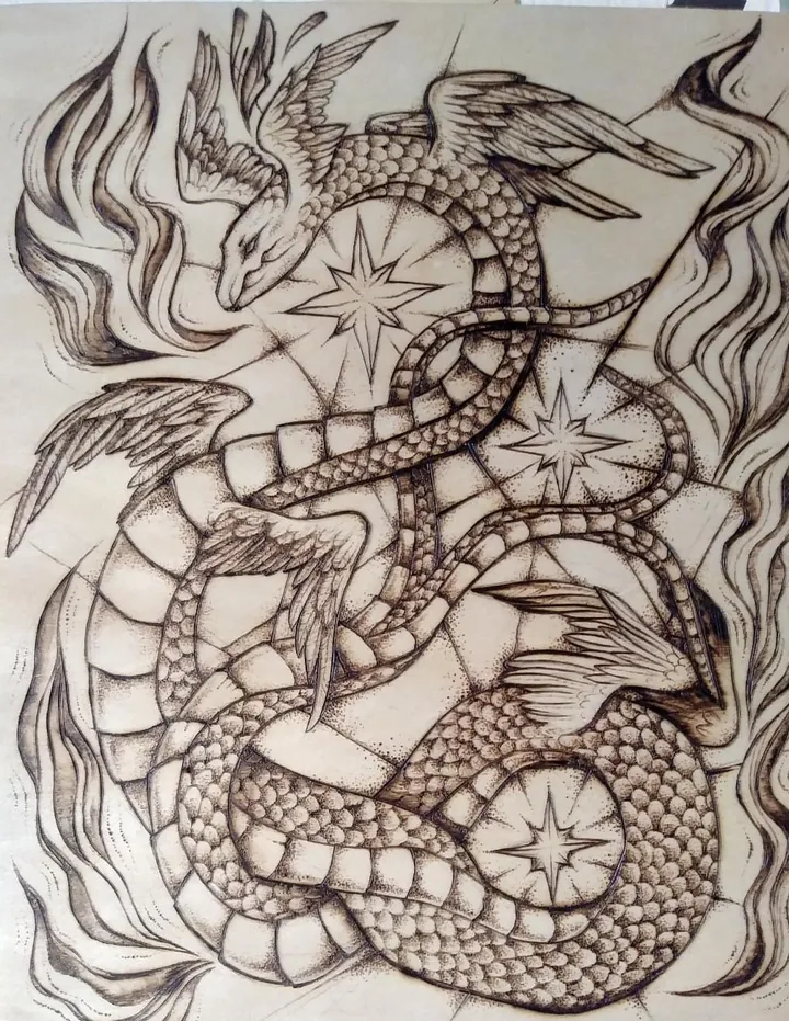 Two winged serpents coiled around each other among compass stars and flames, burned into a pale wooden panel