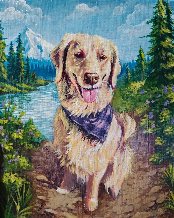 Painted portrait of a golden retriever in a purple bandana on a mountain trail, a lake and a snow capped peak behind him