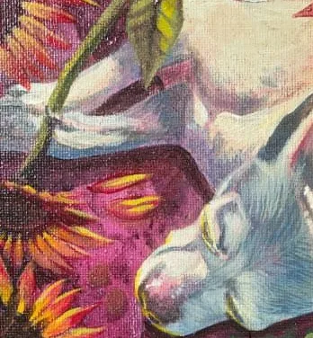 A pale animal among orange sunflowers on a magenta ground